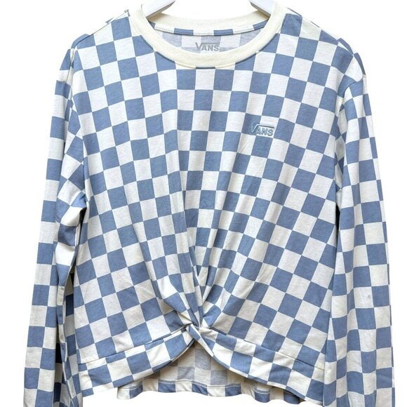 Vans Checkerboard Long Sleeve Tee Small Light Blue Twist Front Womens Top - Picture 3 of 13